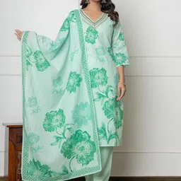 V.S.Creation Floral Embroidered V-Neck Pure Cotton Straight Kurta With Trousers & Dupatta-picture-10