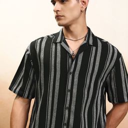 HIGHLANDER Men Cuban Collar Vertical Striped Cotton Oversized Casual Shirt-image-53