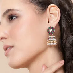 Anouk Gold-Plated Artificial Stones Studded & Beaded Dome Shaped Jhumkas-13