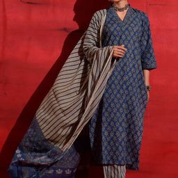 Moda Rapido Printed Mandarin Collar Pure Cotton Straight Kurta With Trousers & Dupatta-image-12