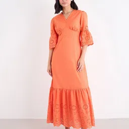 Styli Women Self Design V- Neck Bell Sleeve Tiered A-Line Maxi Dress-image-30