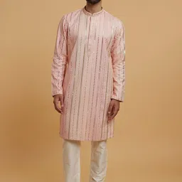 Twamev Geometric Embroidered Mandarin Collar Mirror Work Straight Kurta With Churidar-image-69
