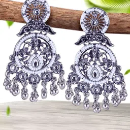 DIVASTRI Silver-Plated Pearl Beaded Circular Shaped Oxidised Chandbalis-33