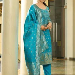 BAESD Floral Woven Design Round Neck Straight Kurta With Trousers & Dupatta-image-10