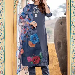 ARADHNA Women Floral Embroidered Pure Silk Kurta & Trousers With Dupatta-image-38