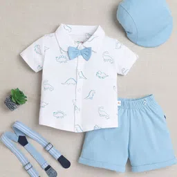 BUMZEE Infants Boys Printed Pure Cotton Shirt With Shorts And Bow Cap Suspenders-image-58