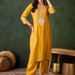 Sangria Women Solid Embroidered Round Neck Straight Kurta with Trousers-picture-21