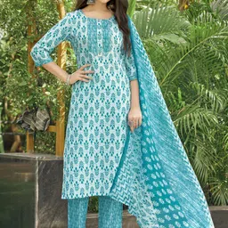 NAINVISH Ethnic Motifs Printed Gotta Patti Straight Kurta with Trousers & Dupatta-image-14