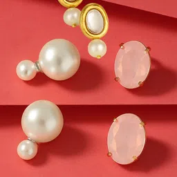 ORANGENYSHA Set Of 3 Gold-Plated Kundan, Pearls & Crystals Studded Oval Shaped Studs-picture-15