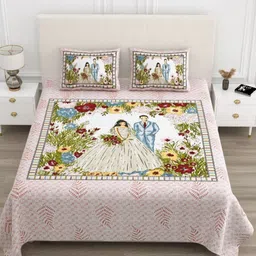 BED-SHEET.COM Peach & White Printed Pure Cotton 210 TC King Bedsheet Set 2.74m x 2.54m-13