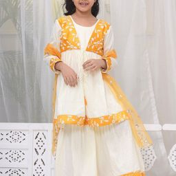 Little Bansi Girls Floral Embroidered Thread Work Pure Cotton Kurta With Sharara & Dupatta-image-21
