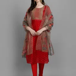 VredeVogel Floral Printed Sequinned Chanderi Silk Straight Kurta With Leggings & Dupatta-picture-33