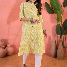 Sangria Ethnic Motifs Printed High Slit Mandarin Collar Pure Cotton A-Line Kurta-27