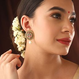 Priyaasi Gold-Plated Contemporary Stone Studded & Pearls Drop Earrings-17