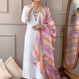 KALINI Floral Yoke Design Thread Work Pure Silk Kurta With Trousers & Dupatta-image-70