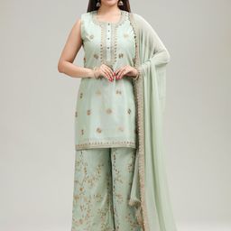 COTTON CULTURE Floral Embroidered Kurta With Palazzos & Dupatta-image-94