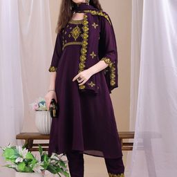 KALINI Ethnic Design Yoke Design Round Neck Anarkali Kurta With Trouser & With Dupatta-image-130
