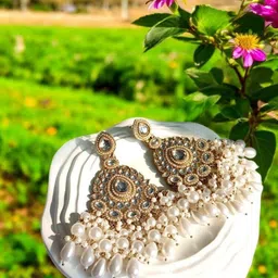 Anouk Gold-Plated Contemporary Artificial Stones Studded and Beaded Drop Earrings-11