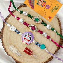 ASIDEA Set Of 3 Rakhis With Roli Chawal & Greeting Card-9