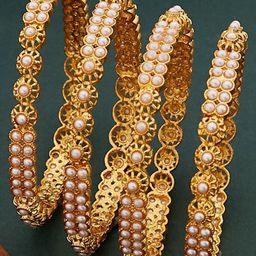 Anouk Gold-Plated Set of 4 Pearl Stone-Studded exquisite Handcrafted Bangles-image-32