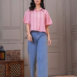 Meeranshi Women Printed Bell Sleeve Cotton Shirt Style Top-image-84