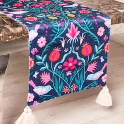 BLANC9 Blue & Pink Floral Printed Rectangular Table Runner With Tassel-10