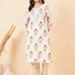 Anouk White And Green Floral Printed Round Neck Pure Cotton Kurta With Trouser-picture-14