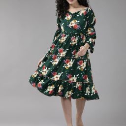 Women Fit and Flare Dark Green Below Knee Dress-image-84