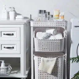 Plastic Laundry Trolley 3 Layers Basket with Wheel (White Colour) Rolling Laundry Storage Basket-11
