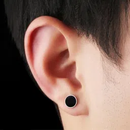 Black Stone Silver Stud Earring for Mens/Boys/Girls/Women/Unisex - 1 Pair Metal Plug Earring-picture-1