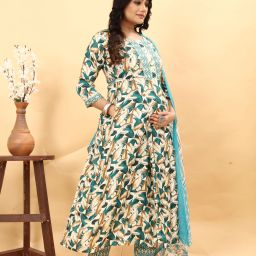Women Viscose Rayon Ethnic Top Pant Dupatta Set With Zipper Printed Kurta, Trouser/Pant & Dupatta Set-13