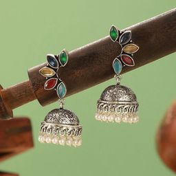 Saraf RS Jewellery Rhodium Plated Artificial Stones Studded & Beaded Oxidised Jhumkas-10