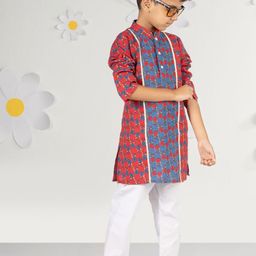 VASTRAMAY Boys Floral Printed Kantha Work Pure Cotton Kurta with Pyjamas-image-71