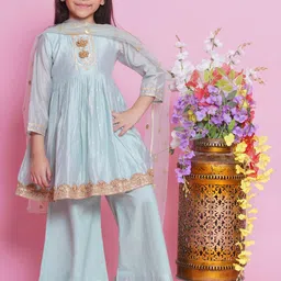 Little Bansi Girls Woven Design Beads and Stones Cotton Silk Kurta with Palazzos & Dupatta-picture-39