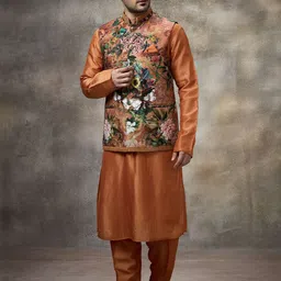 Rivaar By Rocky Star Floral Printed Mandarin Collar Kurta With Pyjamas & Nehru jacket-image-42