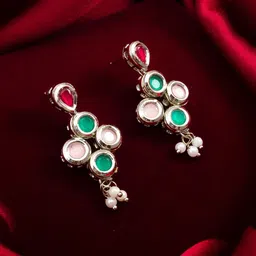 Anouk Silver Artificial Stones Studded And Beaded Enamelled Geometric Drop Earrings-52