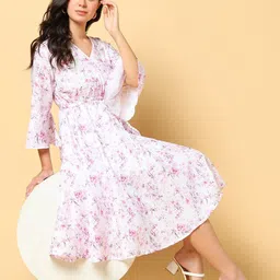 SHOWOFF Women Floral Printed Cotton Bell Sleeve Fit & Flare Knee Length Dress-image-23