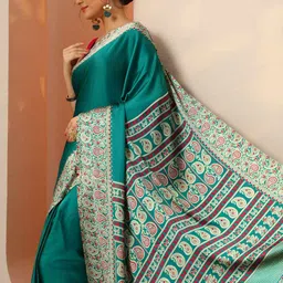 Libas Solid Paisley Printed Border Satin Saree-picture-30