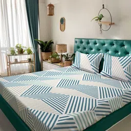 Myntra Elegant Homes Green & White Geometric 300 TC King Bedsheet with 2 Pillow Covers-picture-2