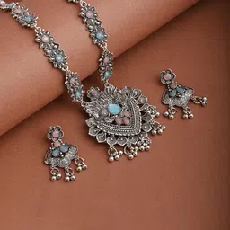 DEGHLAM Silver Plated Stones Studded & Beaded Oxidised Jewellery Set-43