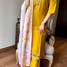 Women Embroidered Thread Work Kurta with Trousers & Dupatta-picture-13
