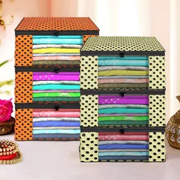 Aura Cream-Coloured & Orange Colored 6 Pieces Printed Saree Cover Foldable Organisers-4