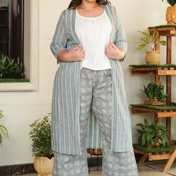 NANGALIA RUCHIRA Plus Size Printed Pure Cotton T-shirt With Trousers & Jacket-image-9