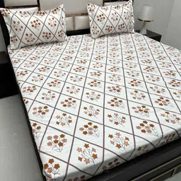 Pure Decor White & Brown Floral Queen Bedsheet with 2 Pillow Covers-picture-49