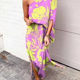 KPOP Floral Printed One Shoulder Maxi Dress-image-42