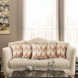 eyda Beige & Blue 5 Pieces Geometric Printed Square Tasselled Cushion Covers-16