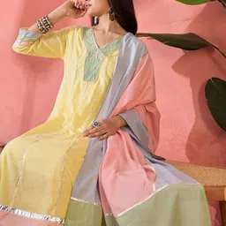 Sangria Floral Embroidered V-Neck Pure Cotton Anarkali Kurta With Trousers And Dupatta-16