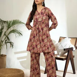 Bandia Floral Printed V-Neck Pure Cotton Tunic With Palazzo-image-44