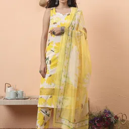 Yufta Women Floral Printed Cotton Kurta with Trousers & Dupatta-12