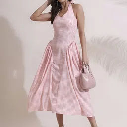 Salvia Sky Women Checked Halter Neck Pleated A-Line Midi Dress-picture-16